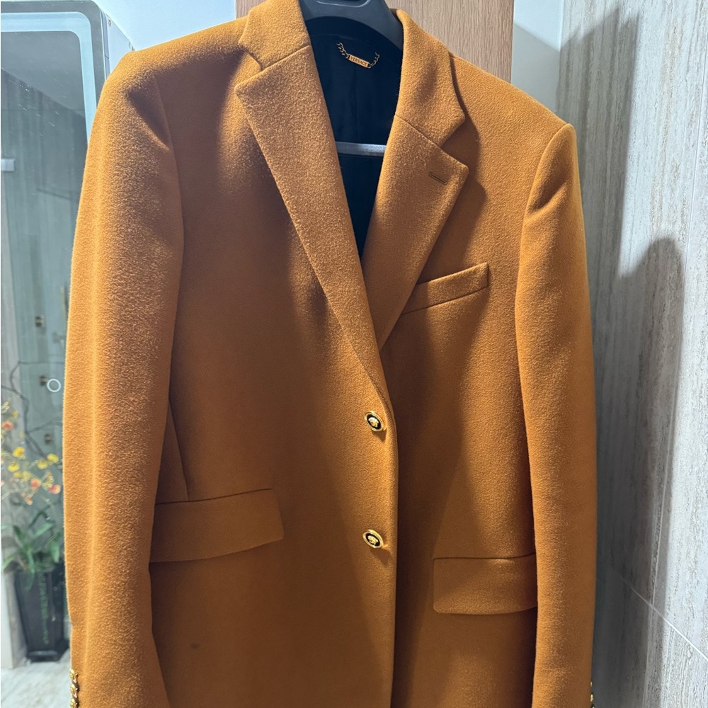 Versace gold Medusa button wool coat